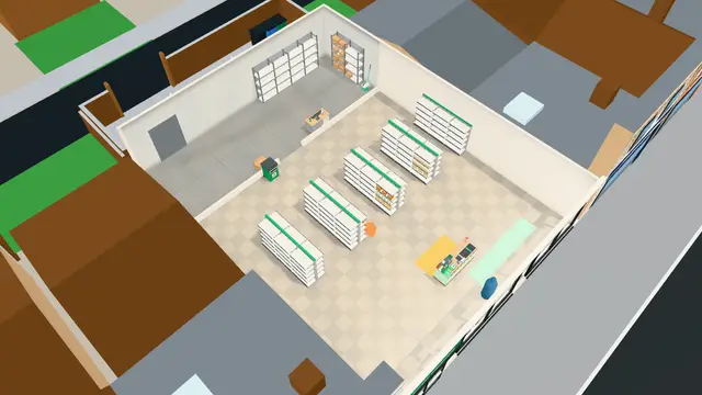 Top-down view of a small supermarket with stocked shelves, a stockroom and a till.