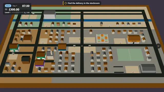 A town map of streets, houses, rival shops and a river, with the day clock and cash in the corner.