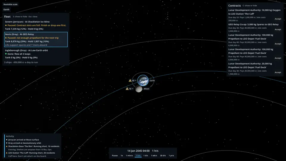 Earth and Moon in orbit view, with a fleet panel showing three ships and their fuel, and a contracts panel listing cargo jobs.