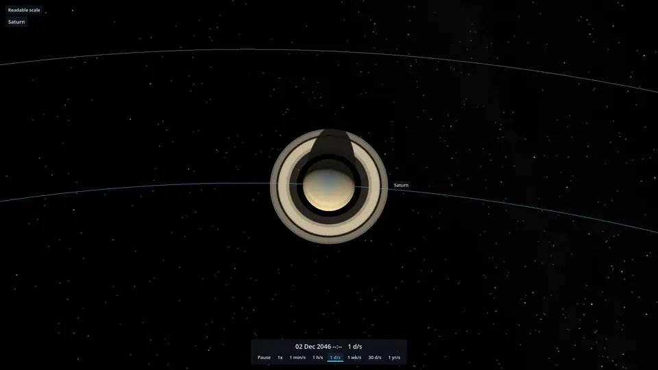 Saturn and its rings against a star field, with a time-speed control along the bottom.